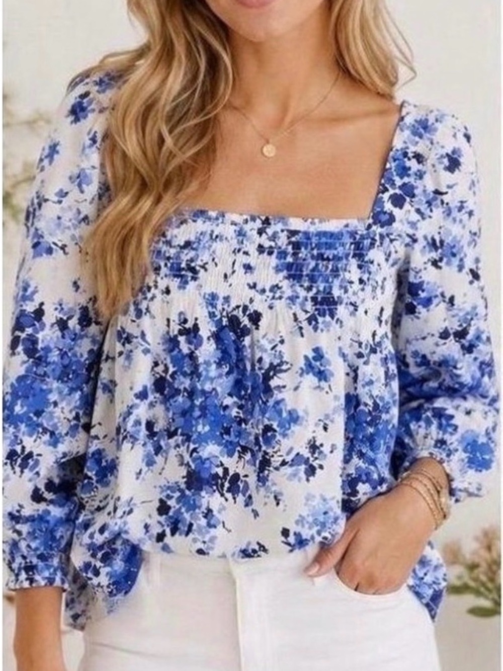 Tuckernuck Blue Floral Square-Neck Blouse